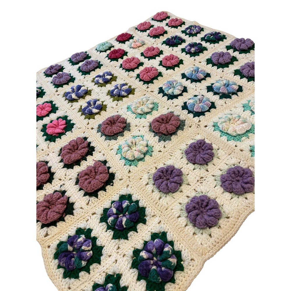 VTG Granny Square Ivory Multicolor 3D Crochet Baby Blanket Throw Afghan 38" UNI
